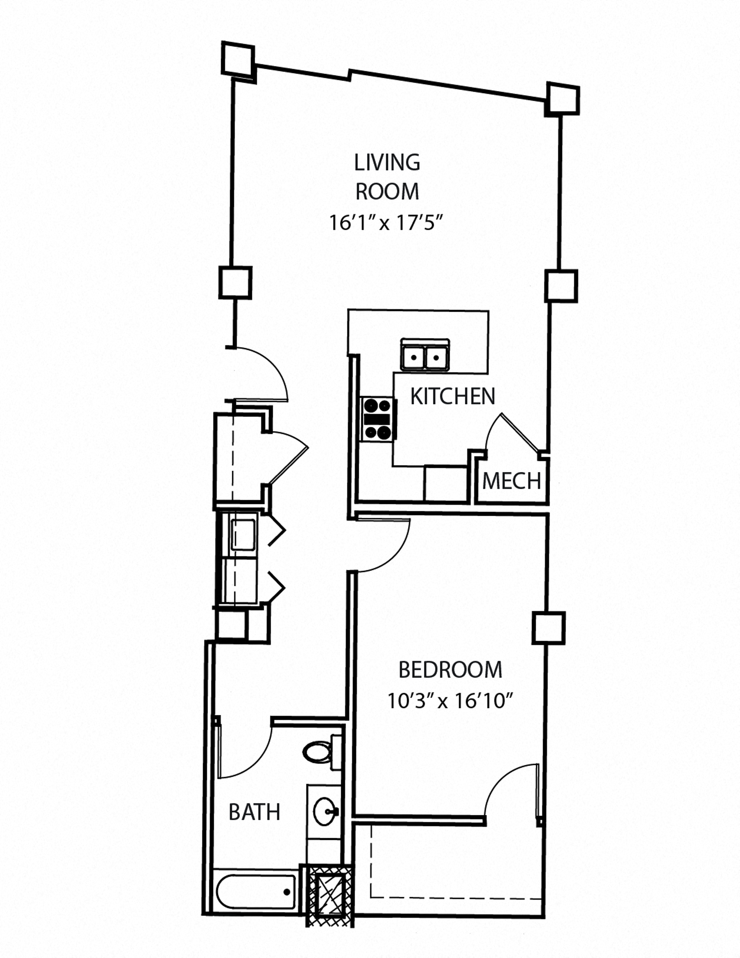 Floor plan for 1 bed, 1 bath, 900 sqft